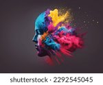 Liquid Color design background fly out of mind explosion - as a fantasy. colorful brain splash Brainstorm and inspire concept. Gradient colorful abstract background