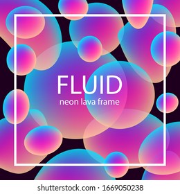 Liquid color gratient splash cover background. Neon lava fluid flyer template. Vector soft glowing neon effect on dark. Vector creative modern paper card