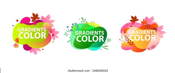Liquid colorful abstract elements set. Dynamical colored forms and lines. Flowing liquid shapes banners with leaves. Template for design of logo, flyer, presentation, vector illustration