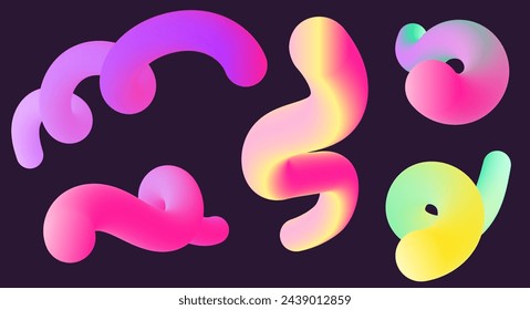 Liquid colorful curve shapes.Dynamic abstract strokes with different colors and gradient effect.Vector isolated set. 