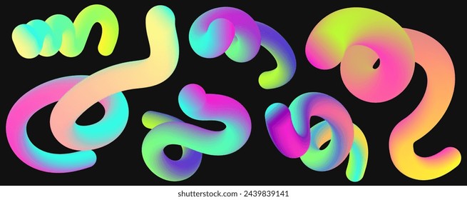 Formas de curva coloridas líquidas.Trazos abstractos dinámicos con diferentes colores y efecto de degradado.Conjunto aislado vectorial.