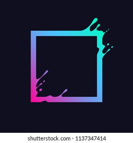 Liquid colorful square. Abstract gradient rectangle shape with splash and drops. Flux effect design for logo, banner, poster. Vector illustration.