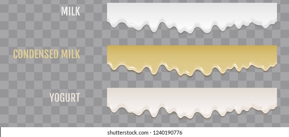 Liquid condensed milk, yogurt and condensed milk. Seamless pattern. Vector repeat texture of the products