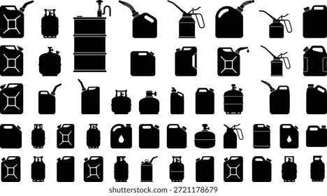 Liquid container silhouette vector set, fuel and oil storage shapes, industrial design, black icons, safety equipment, dispensing tools, automotive supply, gas cylinder illustration, jerry can graphics, utility concept