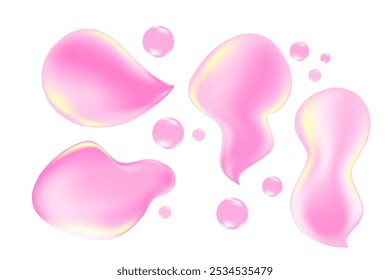 Amostras de gel transparente cosmético líquido ou de textura de soro cor-de-rosa conjunto isolado, fundo transparente. Bálsamo brilhante ou gotículas de glicerina derramadas. Produto de tratamento de beleza suave bonito, elemento de decoração