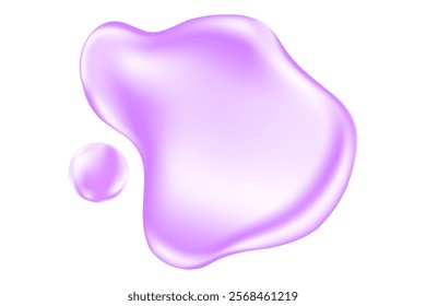 Liquid cosmetic clear purple gel or violet serum texture, lavender oil swatch isolated, transparent background. Fluid glowing spilled collagen droplets. Cute smooth beauty product, decoration element