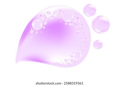Liquid cosmetic water or clear serum texture purple oil swatch isolated, transparent background. Fluid glowing cosmetic gel or spilled solution droplet. Cute smooth beauty product, decoration element