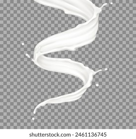 Remolino de Vertical de crema líquida con gotas de Ilustración vectorial realista. Textura de producto cosmético y lácteo en movimiento objeto 3d sobre fondo transparente