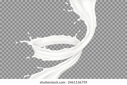 Liquid cream vertical swirl with drops realistic vector illustration. Cosmetic and dairy product texture in motion 3d object on transparent background