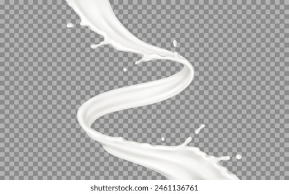 Liquid cream vertical swirl with drops realistic vector illustration. Cosmetic and dairy product texture in motion 3d object on transparent background