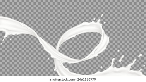 Liquid cream vertical swirl with drops realistic vector illustration. Cosmetic and dairy product texture in motion 3d object on transparent background