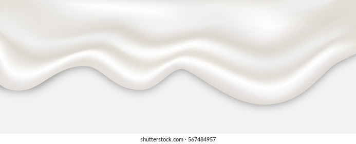Liquid creamy white texture flowing on wide background, vector illustration.