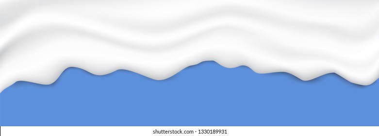 Liquid creamy white texture. Yogurt realistic texture isolated on blue background. Cream pouring background.