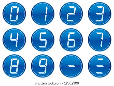 Liquid crystal digits icons set. White - dark blue palette. Vector illustration.