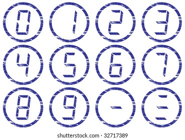 Liquid crystal digits icons set. Grunge. White - dark blue palette. Vector illustration.