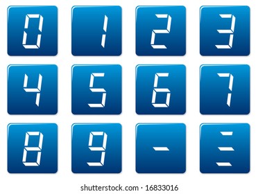 Liquid crystal digits square icons set. Blue - white palette. Vector illustration.