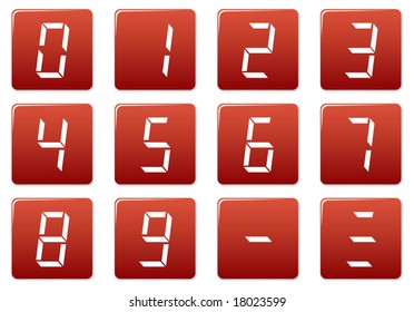 Liquid crystal digits square icons set. Red - white palette. Vector illustration.