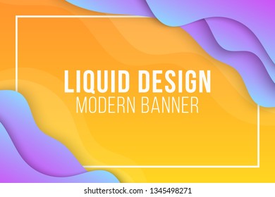 Liquid design. Abstract modern web banner. Multicolor flat geometric shapes on yellow background. Colorful waves. Background for your project. Vector Illustration. EPS 10