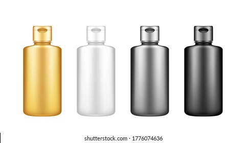 Liquid detergent, bleach bottle mockup set. Plastic package design. Blank white, silver, gold, black product container template: sanitizer, shampoo, laundry, stain remover. 3d vector illustration