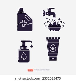 Detergente líquido, verduras y frutas lavadas, jabón líquido o loción, tubo de loción antibacteriano. Limpiar y desinfectar el icono del conjunto de siluetas. Ilustración del vector