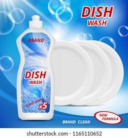 Liquid detergent for washing dishes. Advertizing poster with illustrations of various dishware. Detergent for dish clean, wash kitchen advertising vector