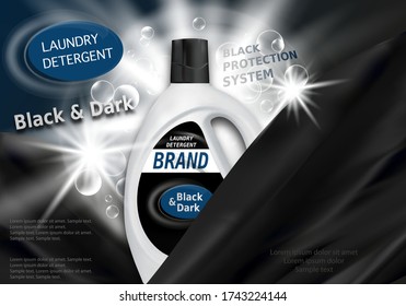 Liquid Detergents ads for black and dark fabric. Laundry detergent in plastic container. Package design for Branded fabric softener, conditioner. Vector illustration.