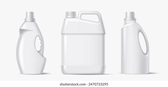 Liquid detergents bottles with design mockup and handles realistic vector illustration set. Blank containers 3d objects on white background