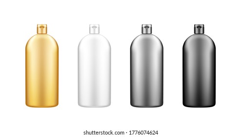 Liquid dishwashing detergent, fabric softener plastic bottle mockups with cap lid. Washing machine bleach and laundry package. Blank white, silver, gold, black product template. 3d vector illustration