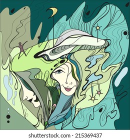 Liquid dreams in spring, green abstract, face, fantastic landscape, fantasy