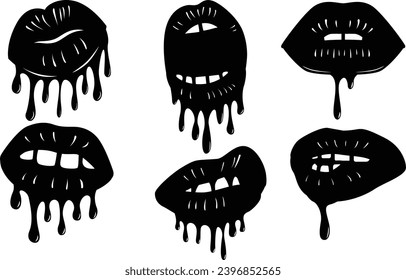 Liquid goteo labios Vector Set. Conjunto de clipart de labios de goteo negro. 