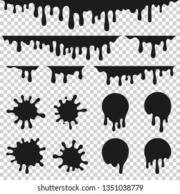 Liquid dripping paint. Collection of vector drops of various shapes.  Black liquid or melted drips isolated on transparent background.  Template for melted chocolate, caramel or jam. Ink drops splash.