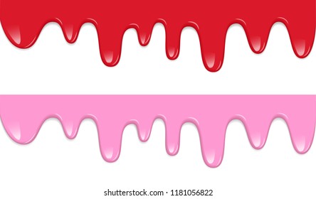 Liquid drips of pink and red sauce, ketchup, yogurt, cream, paint etc flowing down on white background. Vector illustration of flow drops