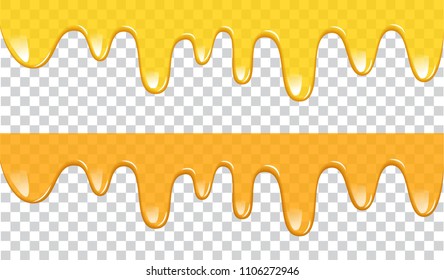 Liquid drips of yellow sauce, honey, caramel, mayonnaise, paint etc flowing down on transparent background. Vector illustration of flow drops