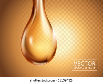 liquid drop close up with golden light, can be used as design element, 3d illustration