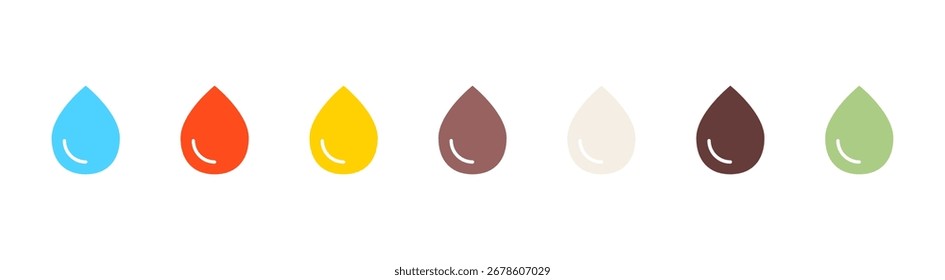 Liquid Drop Icon Set: Colorful Droplet Shapes for Water, Juice, Oil, Coffee, Milk and Other Liquids