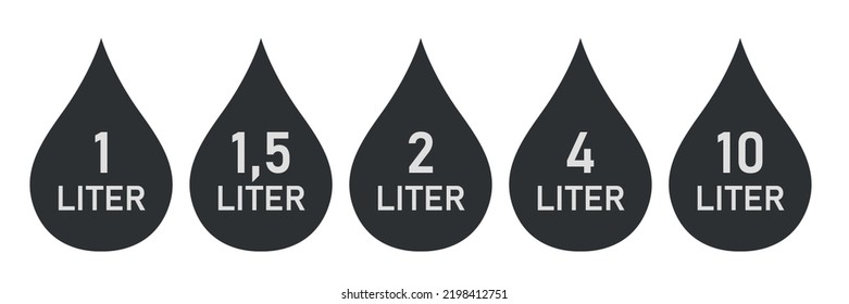Liquid drop icon set. Fluid volume in liters. Hydrate concept. Vector illustration