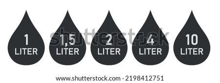 Liquid drop icon set. Fluid volume in liters. Hydrate concept. Vector illustration