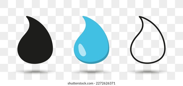 Liquid drop icons collection in different style with shadow. Set of water drop icons