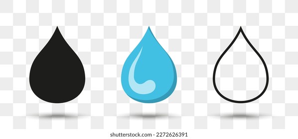 Liquid drop icons collection in different style with shadow. Set of water drop icons