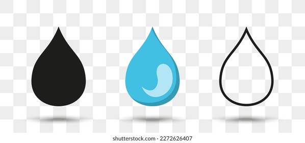Liquid drop icons collection in different style with shadow. Set of water drop icons