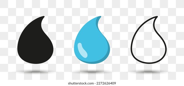 Liquid drop icons collection in different style with shadow. Set of water drop icons