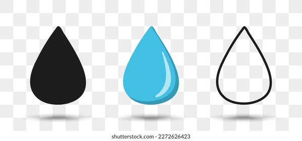 Liquid drop icons collection in different style with shadow. Set of water drop icons
