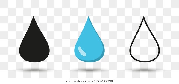 Liquid drop icons collection in different style with shadow. Set of water drop icons