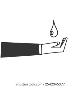 gota de líquido no símbolo da palma da mão para dermatologia ícone testado no estilo de desenho da mão doodle