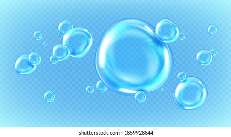 Liquid drops or air bubbles in water isolated on transparent background. Vector realistic set of clean rain droplets, blue pure balls of clear aqua, 3d shiny dew or tears