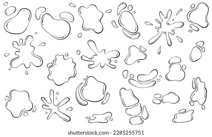 Liquid drops and blots shapes line art. A puddle of water or paint. Abstract spray of fluid. Black illustration in hand drawn sketch doodle style. Vector graphics isolated on white. Outline design