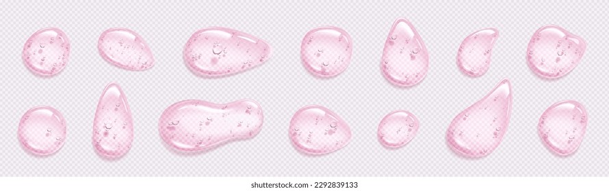 Liquid drops of gel, cosmetic serum or soap. Swatches of clear beauty product, pink skincare gel in top view isolated on transparent background, vector realistic illustration