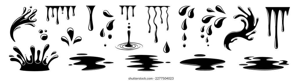 Gotas líquidas y juego de salpicaduras. Conjunto de elementos líquidos de silueta.