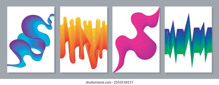 Conjunto de cartazes de formulários dinâmicos líquidos. Ondas azul, laranja, violeta e verde. Abstrato criatividade e artes. Capas de revistas da moda. Coleção de vetores planos isolada no plano de fundo marrom