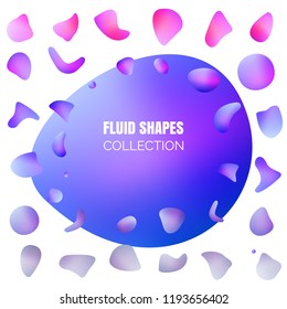 Liquid elements, mixed color plastic shapes or various organic bubbles for modern design. Abstract 3d vector fluid gradients, splashes or blob brush doodles